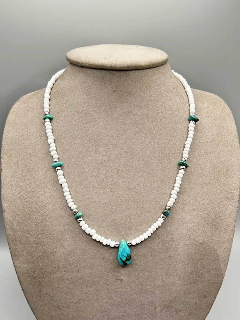 Vintage Turquoise & White Beaded Necklace with Te… - image 2