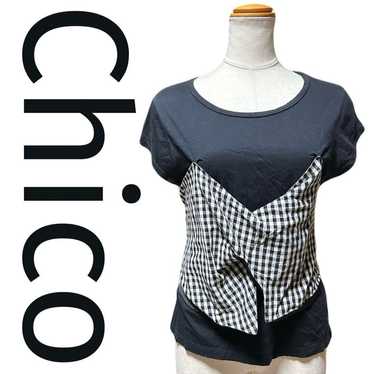 Chico T-shirt Black Cut and Sew Check Pattern Cot… - image 1