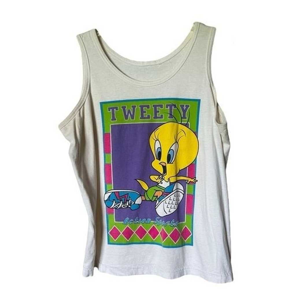 Vintage 90s Sleeveless White Exercise Tweety Bird… - image 1