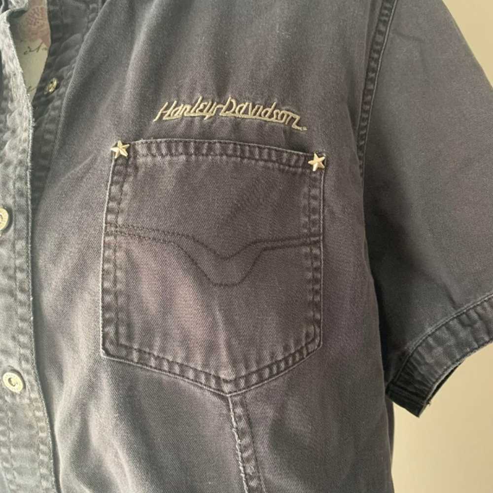 Vintage Harley Davidson Charcoal Denim Button Up … - image 2