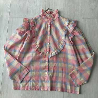 Vintage clothing stand collar frill checkered blou