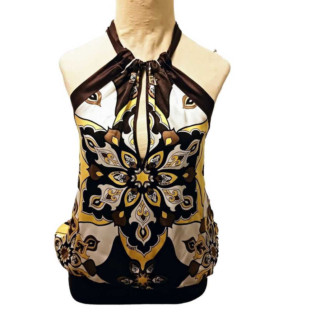 BeBe HALTER TOP Sz XS Brown Yellow Paisley KEY HO… - image 1