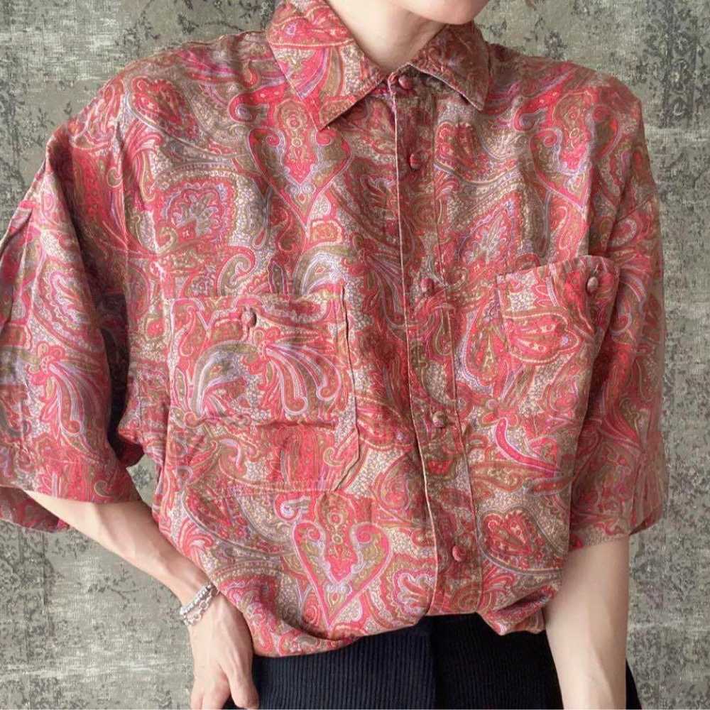 Paisley pattern floral short-sleeved silk vintage… - image 2