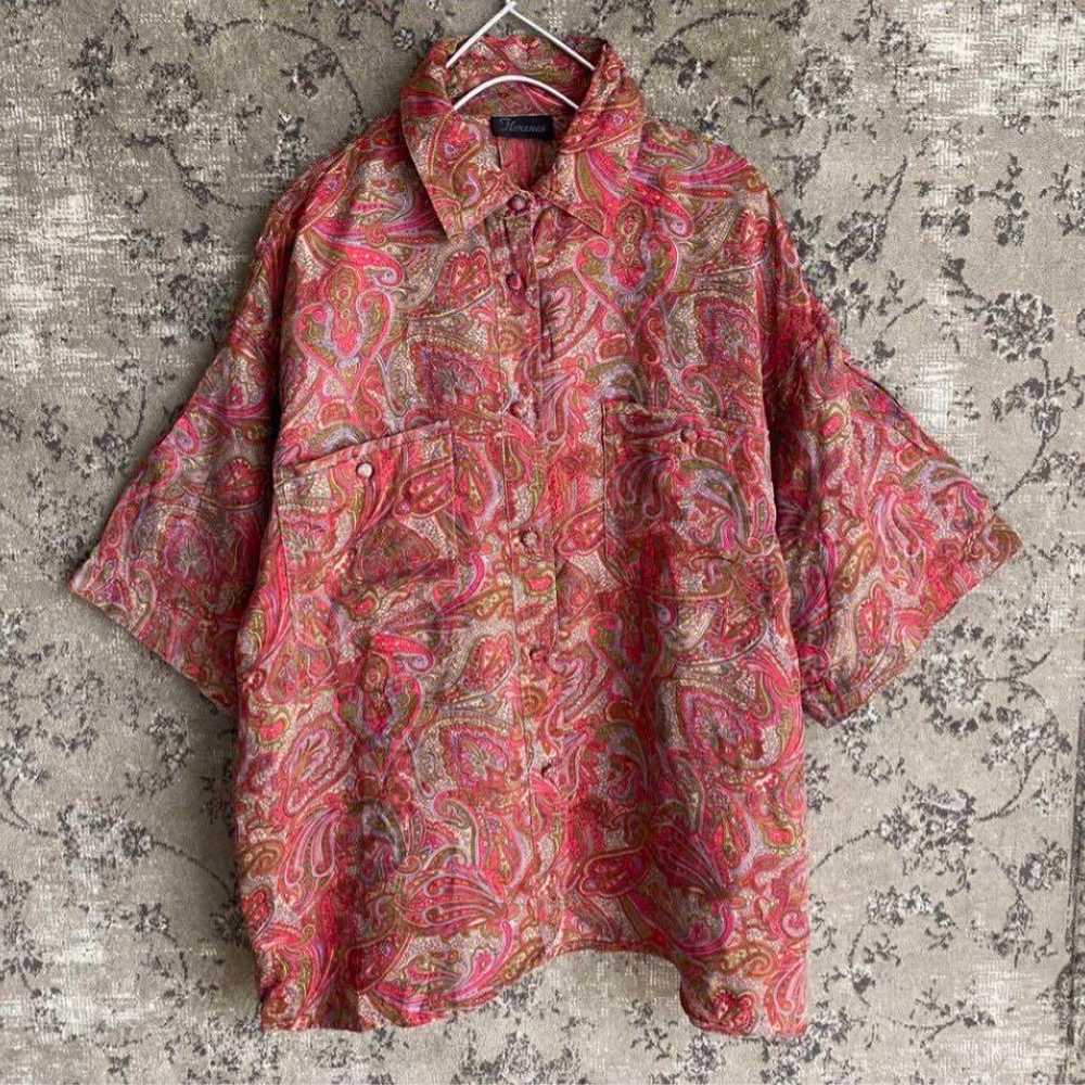 Paisley pattern floral short-sleeved silk vintage… - image 4