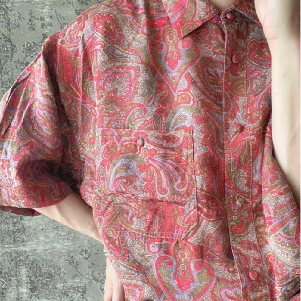 Paisley pattern floral short-sleeved silk vintage… - image 7