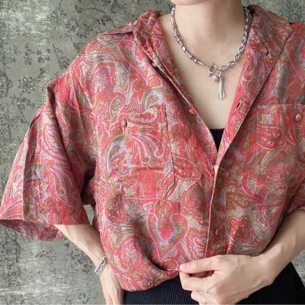 Paisley pattern floral short-sleeved silk vintage… - image 9