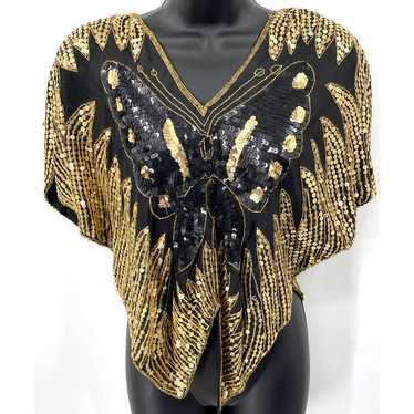 Valachi Creations 100% Silk Gold Sequin Top Women… - image 1