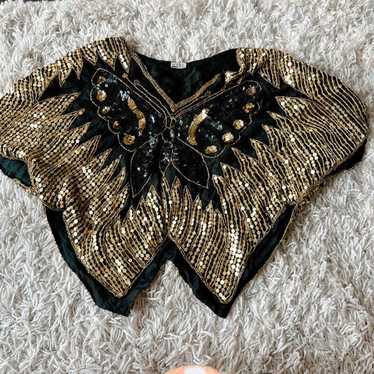 VINTAGE 70s Silk Butterfly Hand Sequined Top / Bl… - image 1