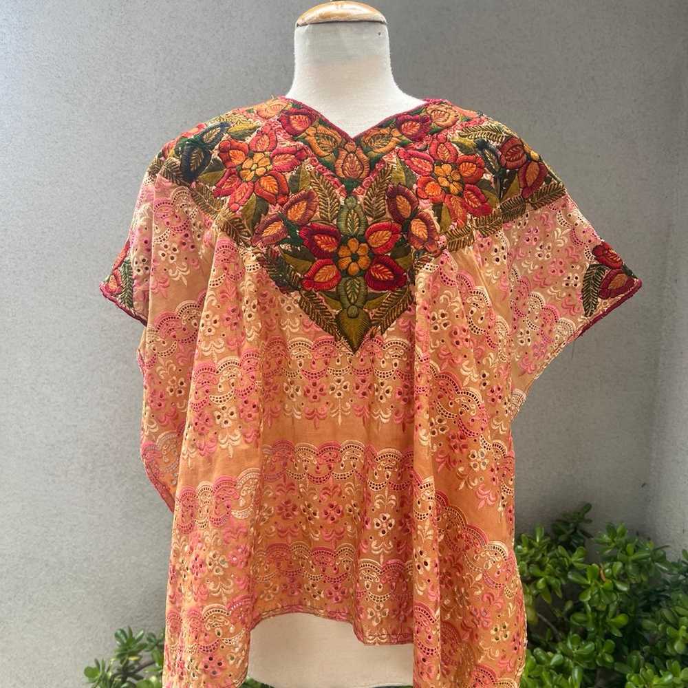 Vintage Guatemalan huipil top eyelet orange + flo… - image 1