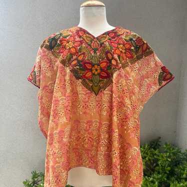 Vintage Guatemalan huipil top eyelet orange + flo… - image 1