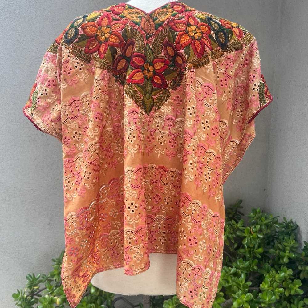 Vintage Guatemalan huipil top eyelet orange + flo… - image 2