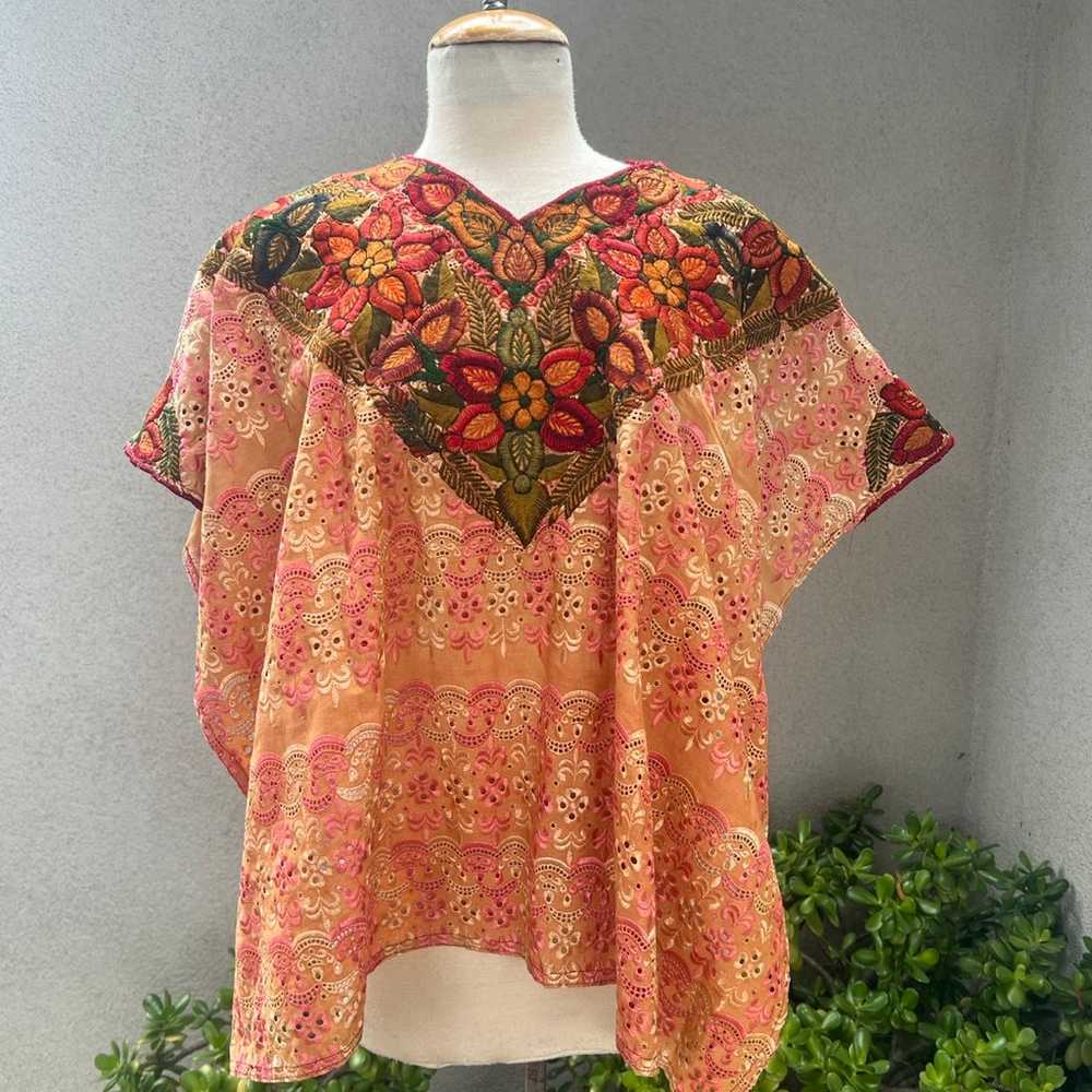 Vintage Guatemalan huipil top eyelet orange + flo… - image 7