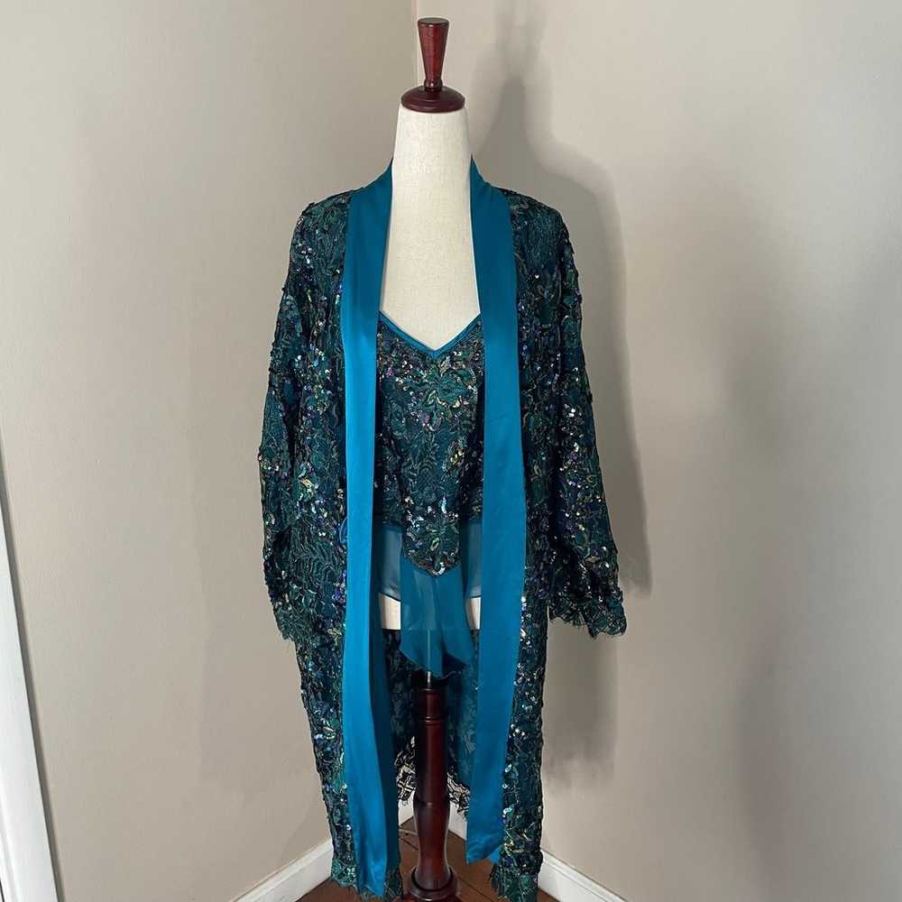 Vintage Victoria’s Secret Teal Silk Chiffon Sequi… - image 5