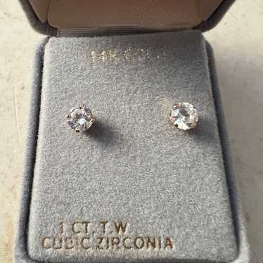 Vintage 14k Gold 1 CT TW Cubic Zirconia Stud Earr… - image 1