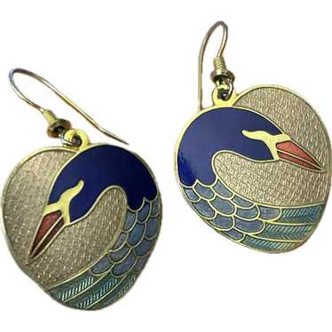 Vintage Roman Cloisonné Swan Dangle Drop Earrings… - image 1