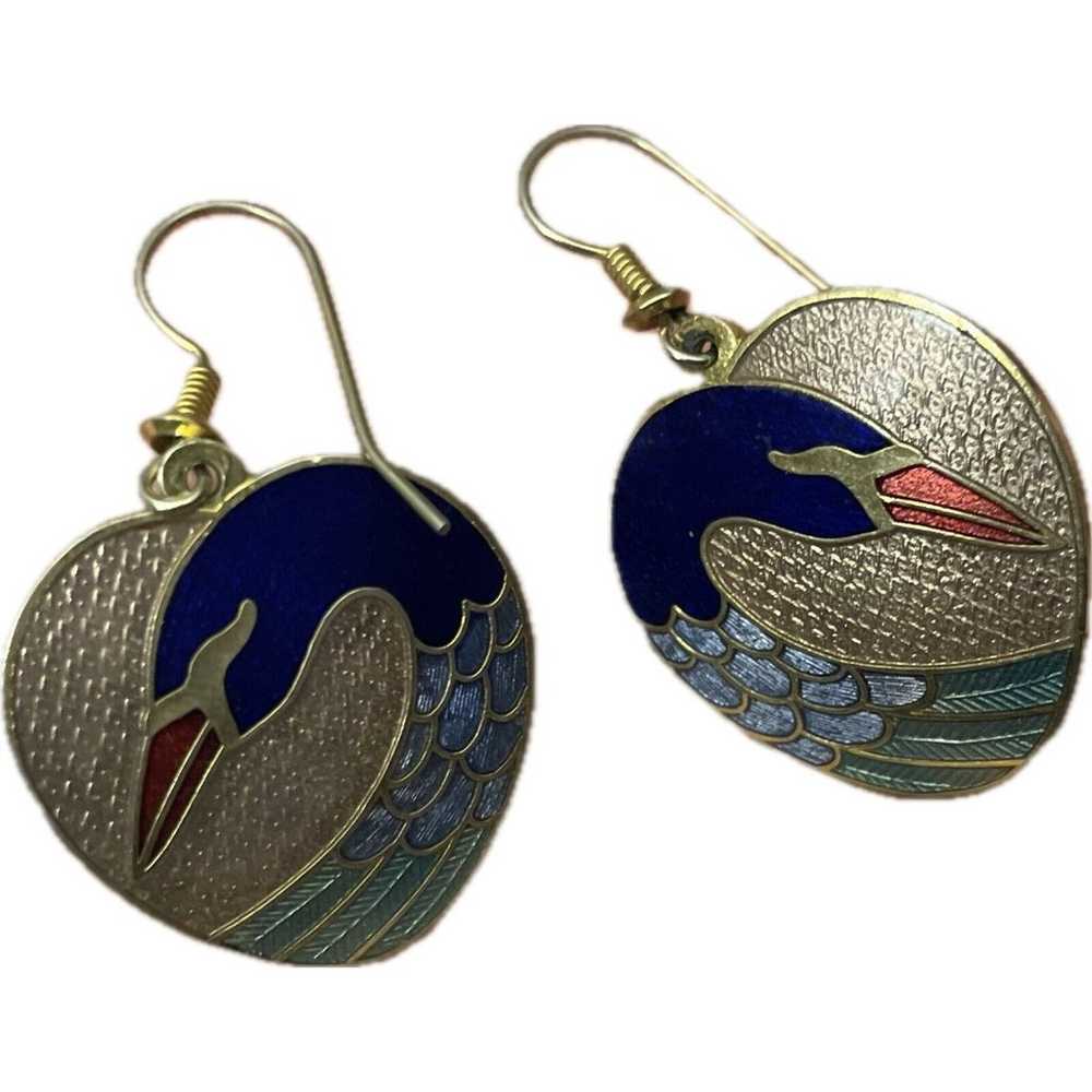 Vintage Roman Cloisonné Swan Dangle Drop Earrings… - image 2