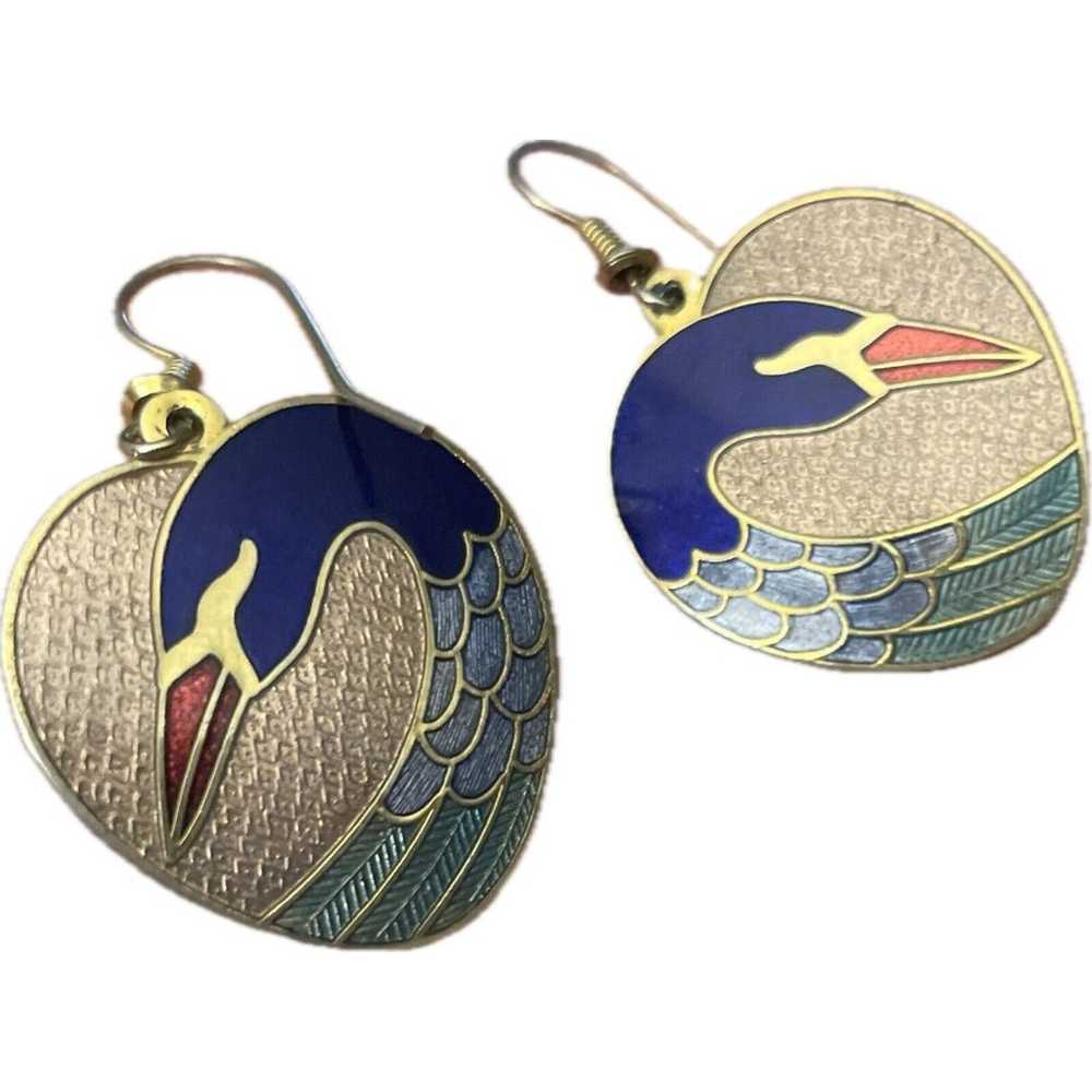 Vintage Roman Cloisonné Swan Dangle Drop Earrings… - image 3