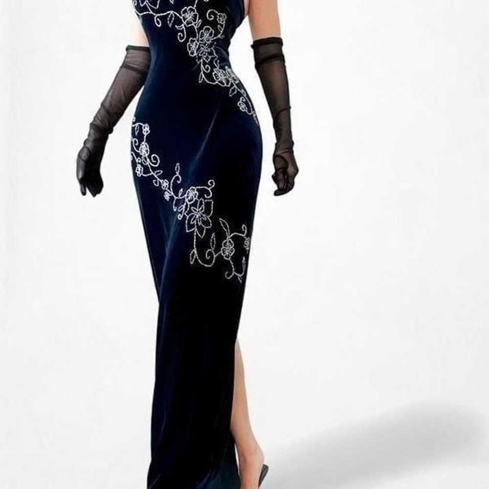 Vintage Navy Blue Knit Velvet Floral Beaded Maxi … - image 3