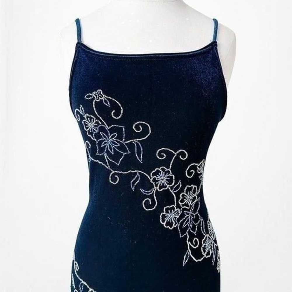 Vintage Navy Blue Knit Velvet Floral Beaded Maxi … - image 5