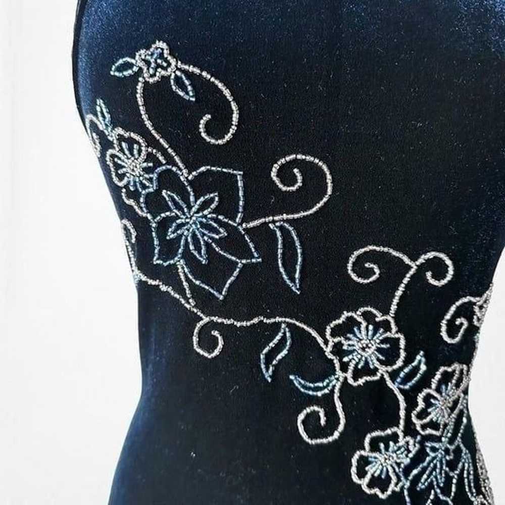 Vintage Navy Blue Knit Velvet Floral Beaded Maxi … - image 7