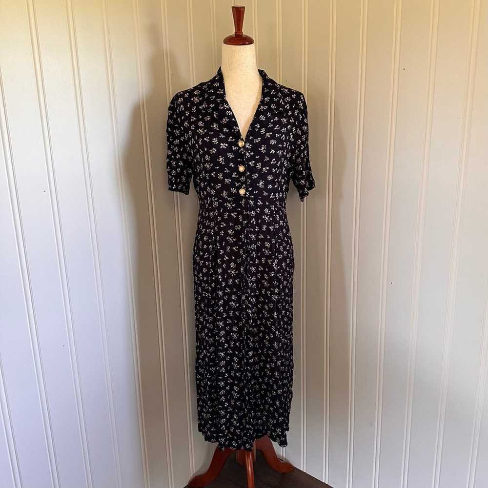 Vintage 90s Cottagecore Blue Floral Midi Dress M - image 1