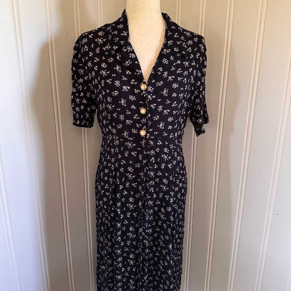 Vintage 90s Cottagecore Blue Floral Midi Dress M - image 2