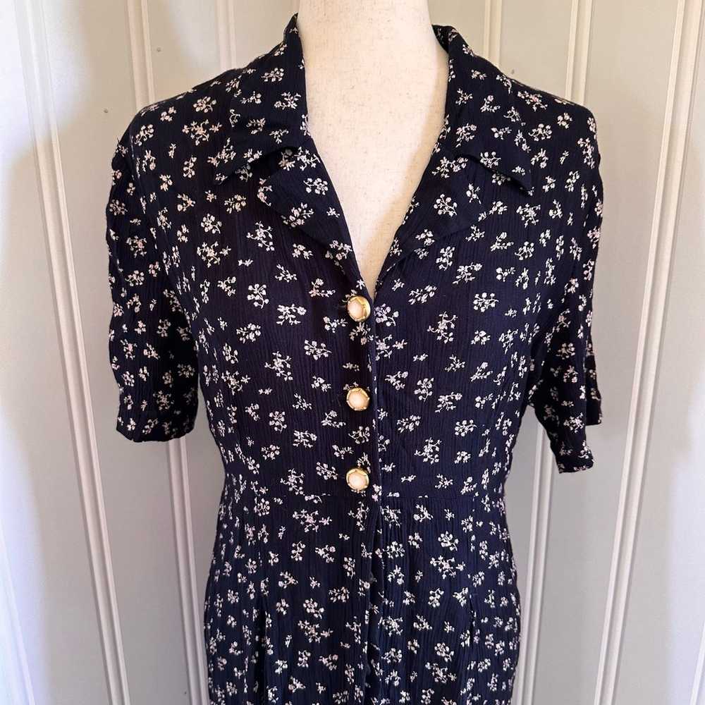 Vintage 90s Cottagecore Blue Floral Midi Dress M - image 4