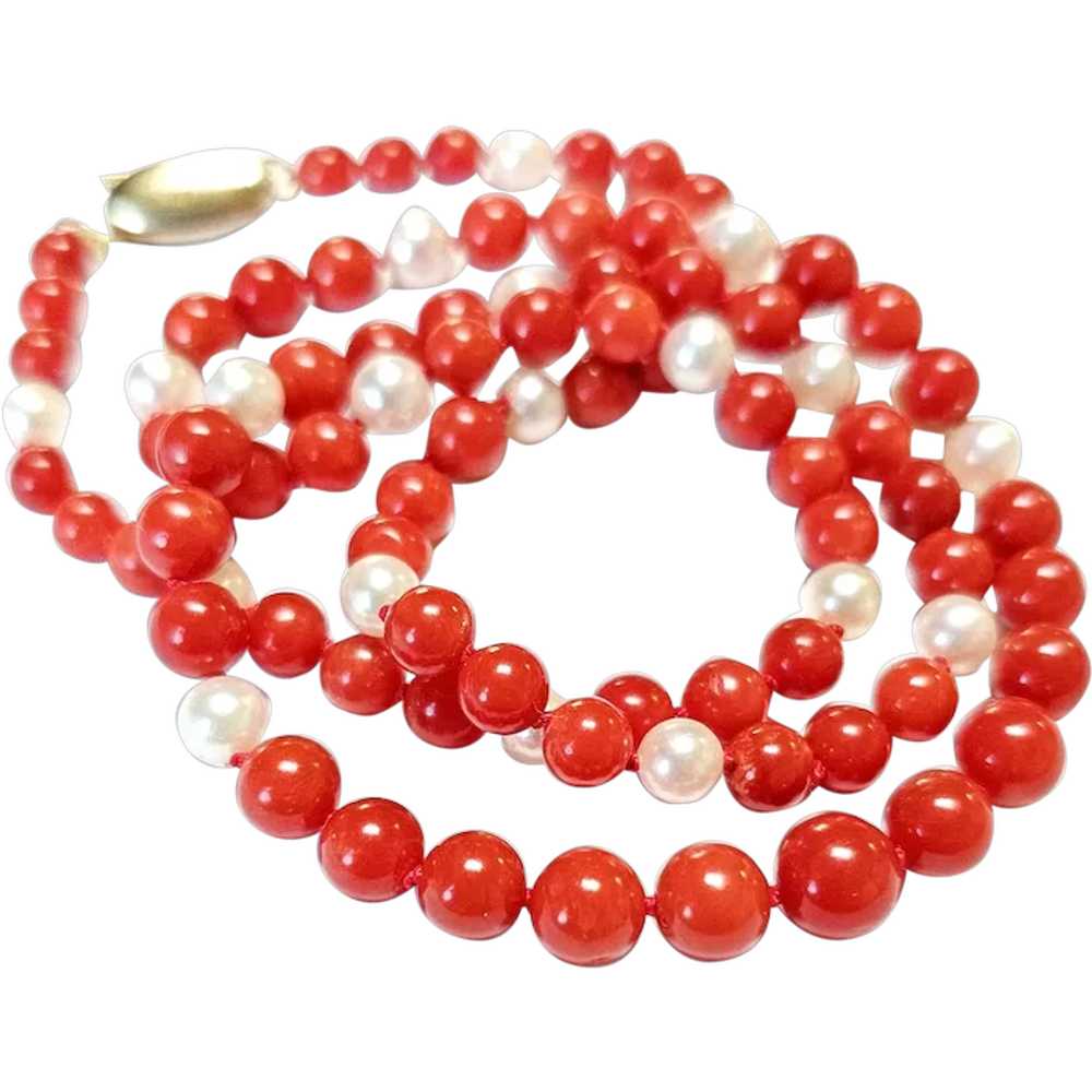 14k Gold Red Coral and Round White Culture Pearl … - image 1