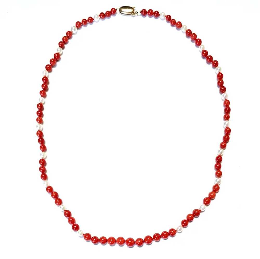 14k Gold Red Coral and Round White Culture Pearl … - image 2