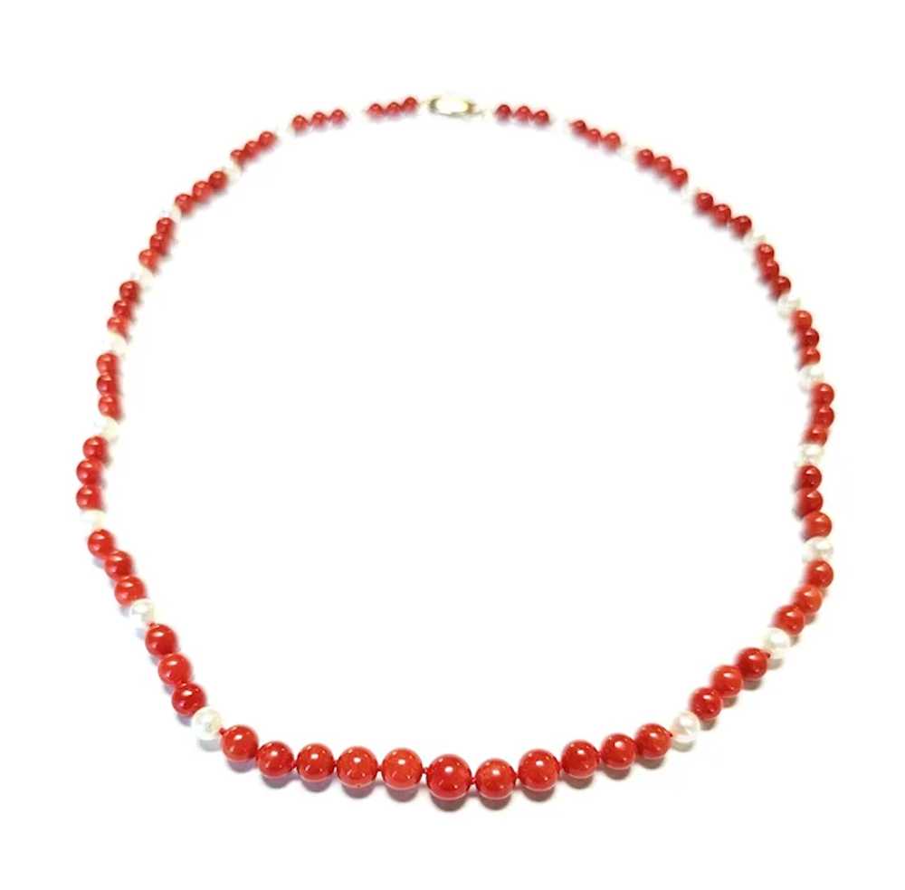 14k Gold Red Coral and Round White Culture Pearl … - image 3