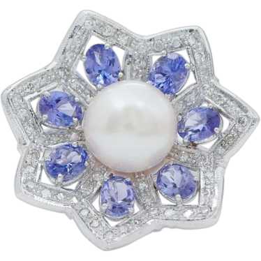 Tanzanite, Diamonds, Cultured Pearl, 900 Platinum 