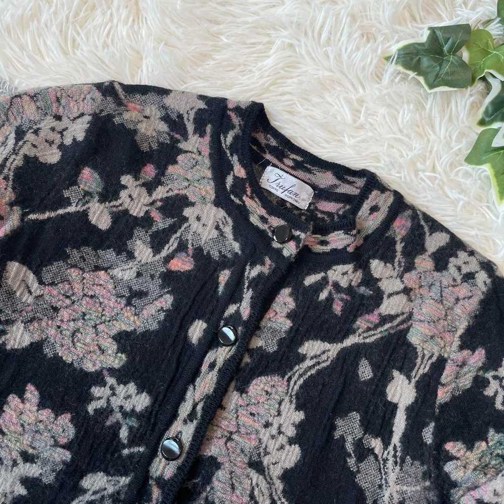 Tur fan Cardigan Black Floral U Neck Thick Long S… - image 2