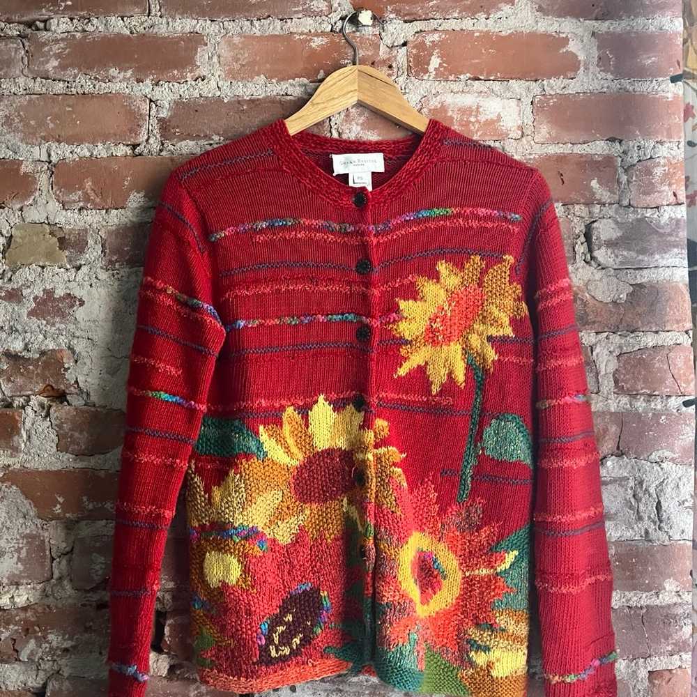 Vintage Susan Bristol Red Sunflower Cardigan Swea… - image 1