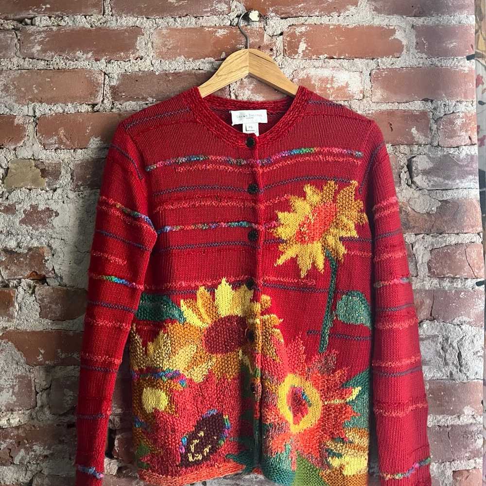 Vintage Susan Bristol Red Sunflower Cardigan Swea… - image 2