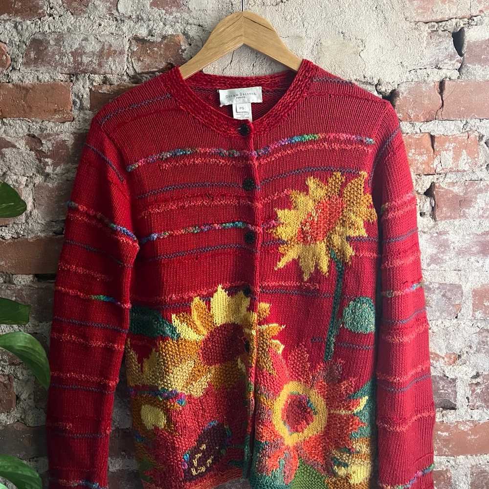 Vintage Susan Bristol Red Sunflower Cardigan Swea… - image 5