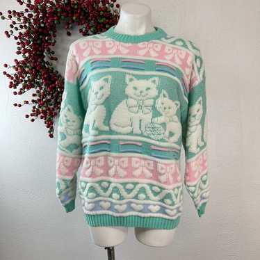 VTG 80s Rose Kitty Cat Sparkle Knit Sweater Kawaii