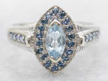 Marquise Cut Aquamarine Ring with Sapphire Halo - image 1