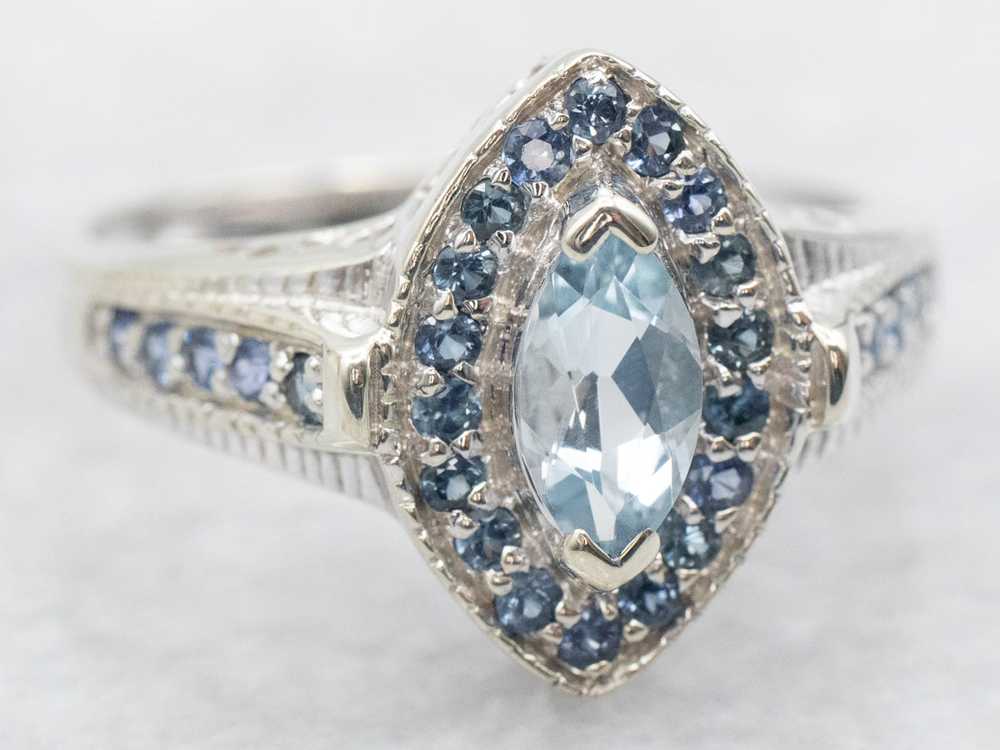 Marquise Cut Aquamarine Ring with Sapphire Halo - image 2