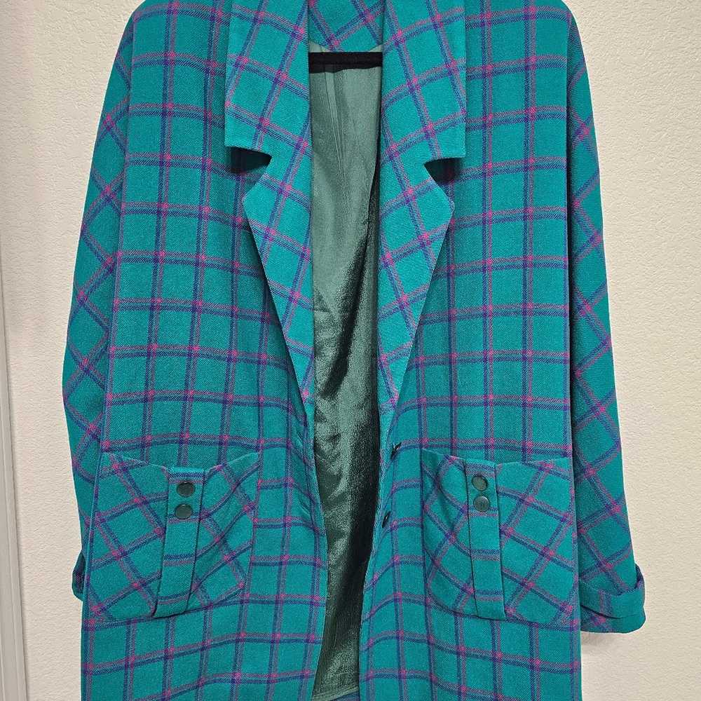 Green coat with pink and purple plaid - image 2