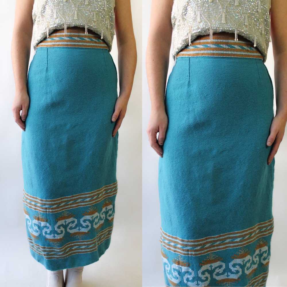 60s Teal Woolen Maxi Skirt with Speical Trim - image 1