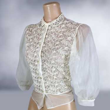 40s Vintage Cream Embroidered Balloon Sleeve Shee… - image 1