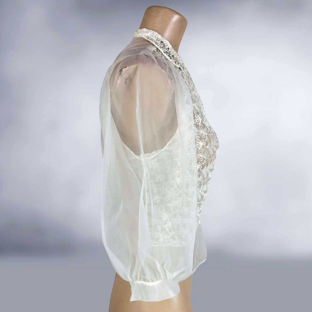 40s Vintage Cream Embroidered Balloon Sleeve Shee… - image 8