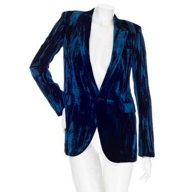 Blue Crinkled Velvet One-Button Blazer