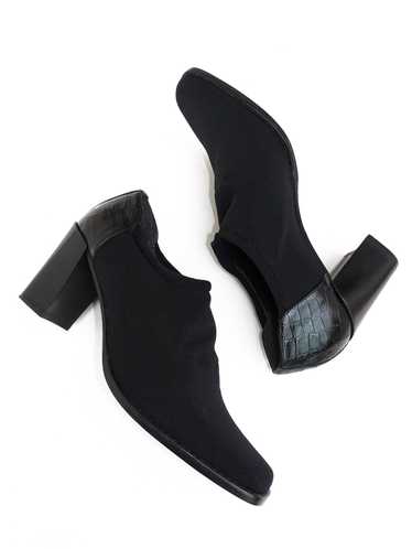 Black Mesh Square Toe Sock Boot with Stacked Heel