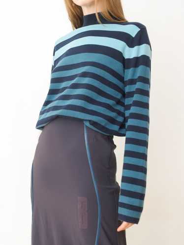 Navy and Aqua Blue Striped Mock Neck Sweater