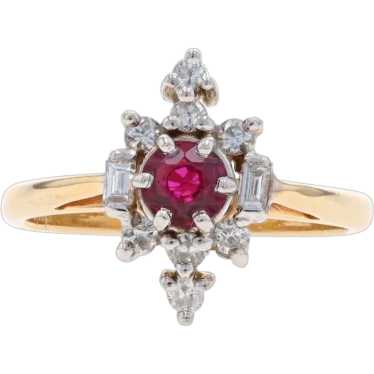 Yellow Gold Ruby Diamond Halo Ring - 14k Round .60