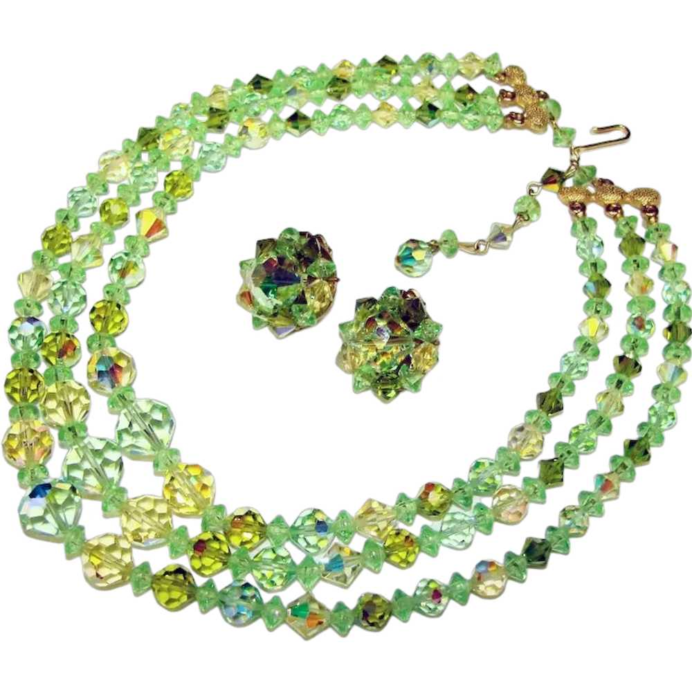 Fabulous GREEN & YELLOW Aurora Crystal 3 Strand V… - image 1