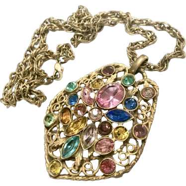 Multi Color Rhinestone Filigree Pendant Necklace - image 1