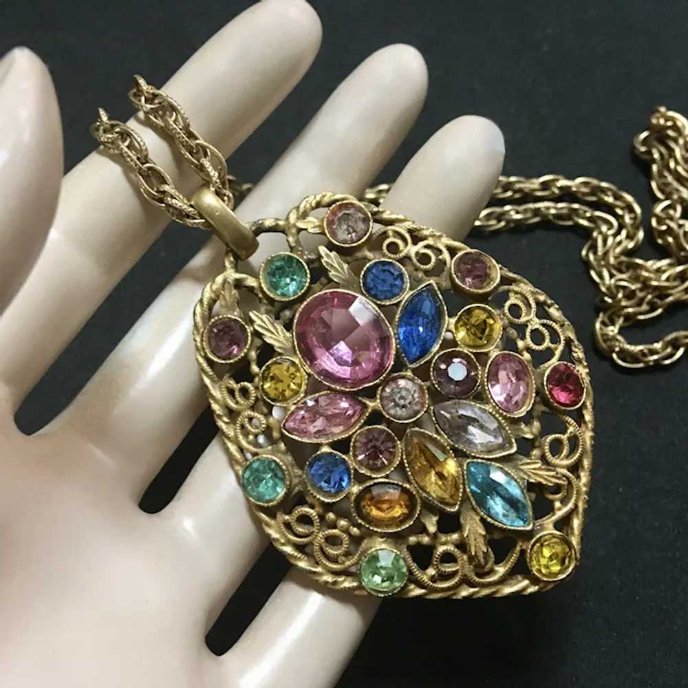 Multi Color Rhinestone Filigree Pendant Necklace - image 2