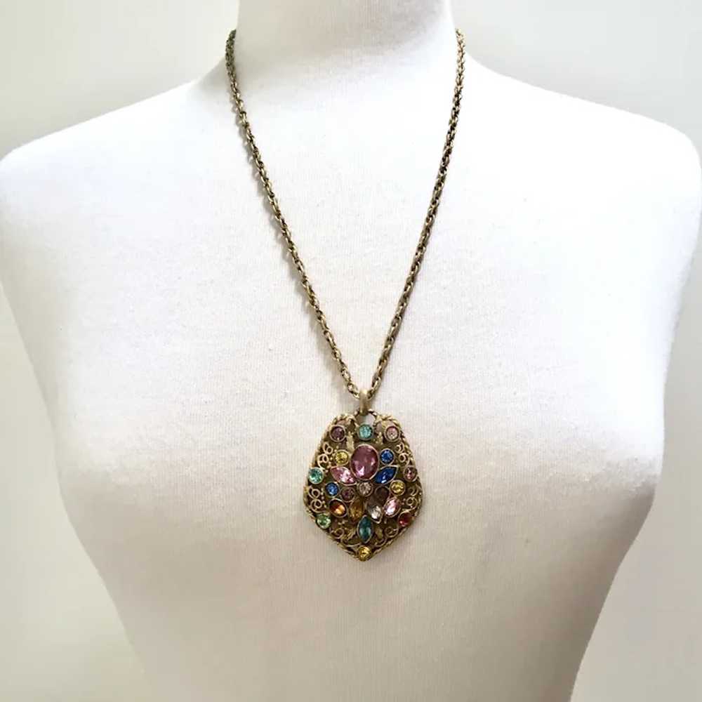 Multi Color Rhinestone Filigree Pendant Necklace - image 3